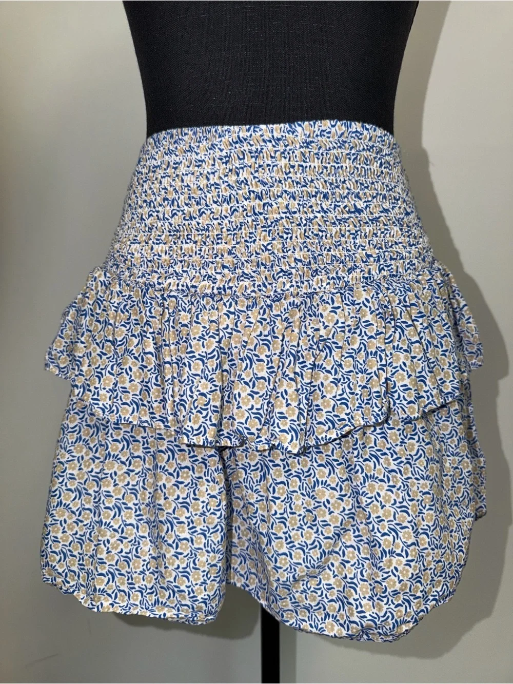 Mango Blue and Yellow Floral Tiered Mini Skirt